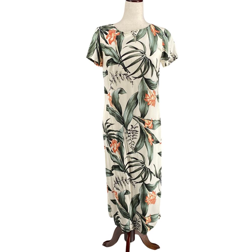 Vintage Coconut Shell Hawaii Short Sleeve Maxi Dress Womens M? Tropical Floral‎